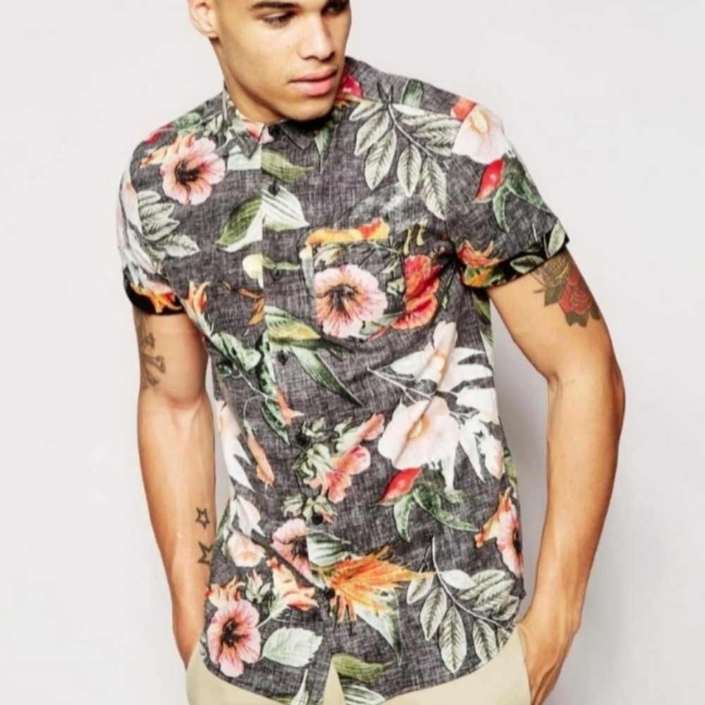 Slim Fit Denim and Flower Button Down